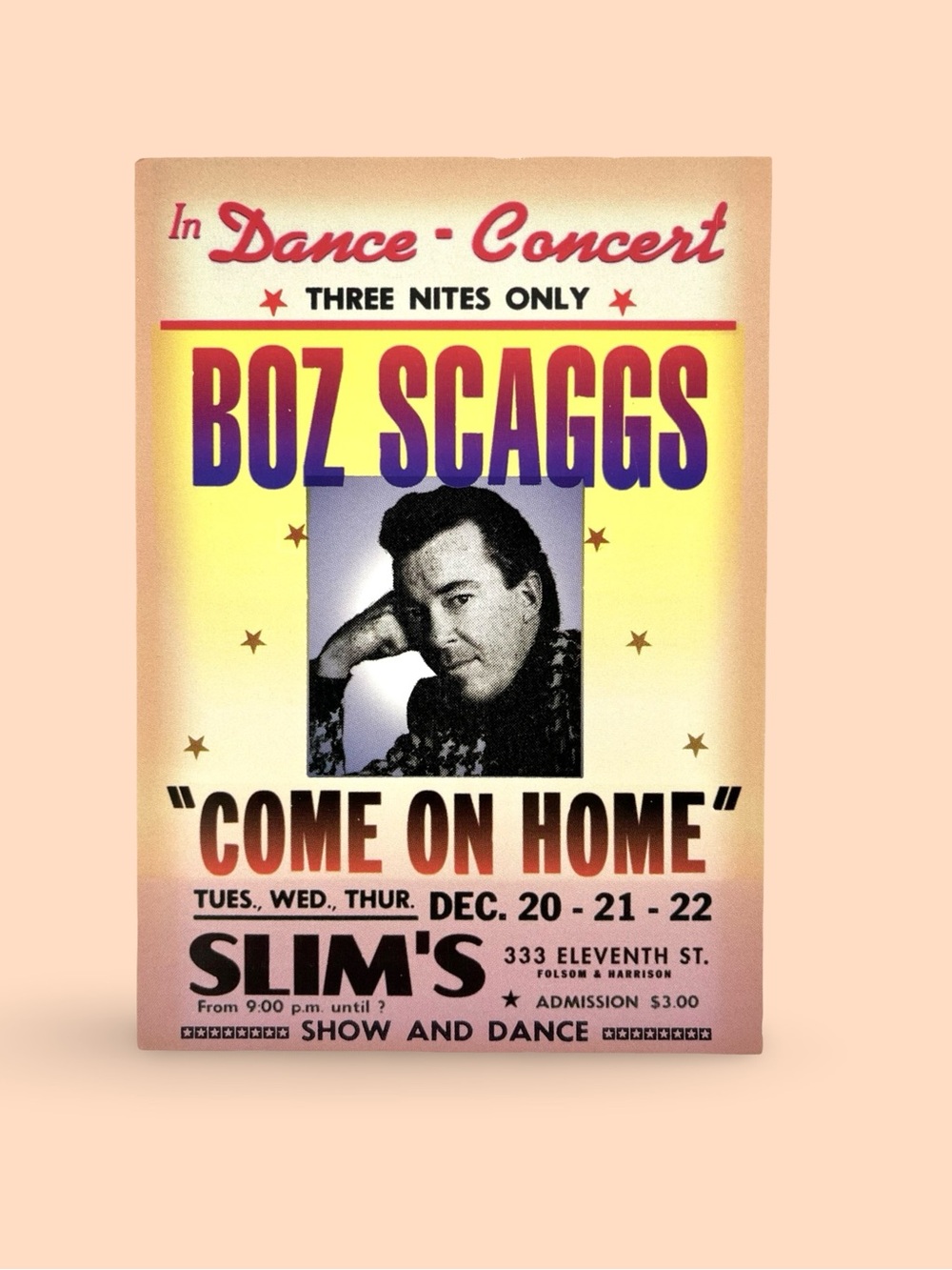 Vintage Boz Scaggs "Come On Home" Concert Postcard Flyer Handbill–Slim's SF 1997